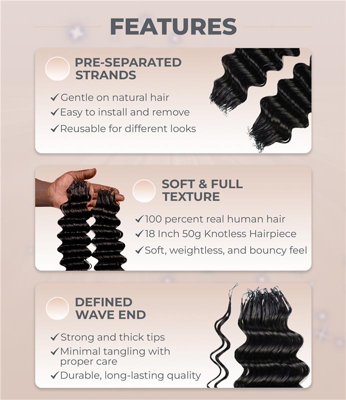 LUXLUXE Deep Wave Real Human Crochet Hair Extensions - Natural & Natural Black 18 & 16 & 14 Inch 50g Knotless Pre Separated Feather Wavy Hairpiece for Women