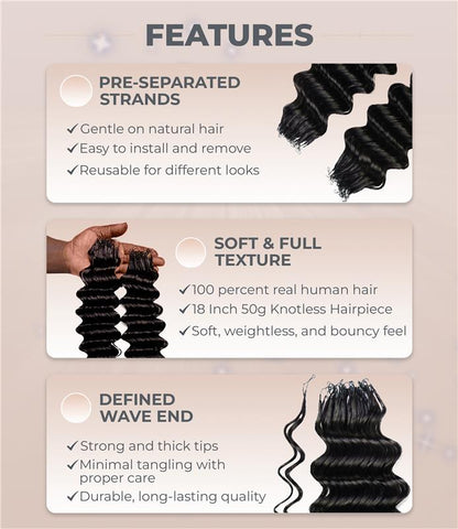 LUXLUXE Deep Wave Real Human Crochet Hair Extensions - Natural & Natural Black 18 & 16 & 14 Inch 50g Knotless Pre Separated Feather Wavy Hairpiece for Women