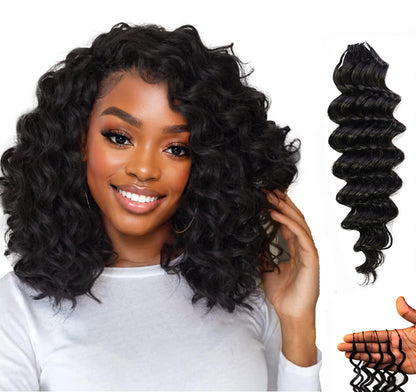LUXLUXE Deep Wave Real Human Crochet Hair Extensions - Natural & Natural Black 18 & 16 & 14 Inch 50g Knotless Pre Separated Feather Wavy Hairpiece for Women