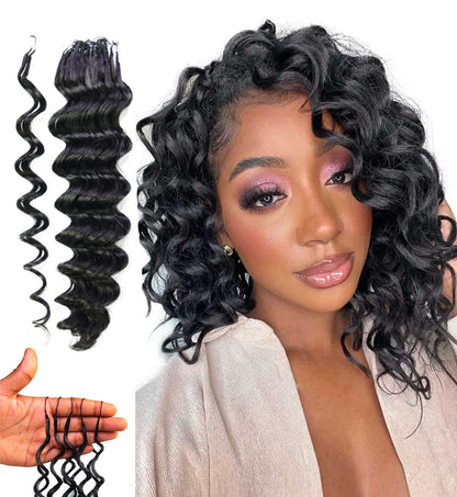 LUXLUXE Deep Wave Real Human Crochet Hair Extensions - Natural & Natural Black 18 & 16 & 14 Inch 50g Knotless Pre Separated Feather Wavy Hairpiece for Women