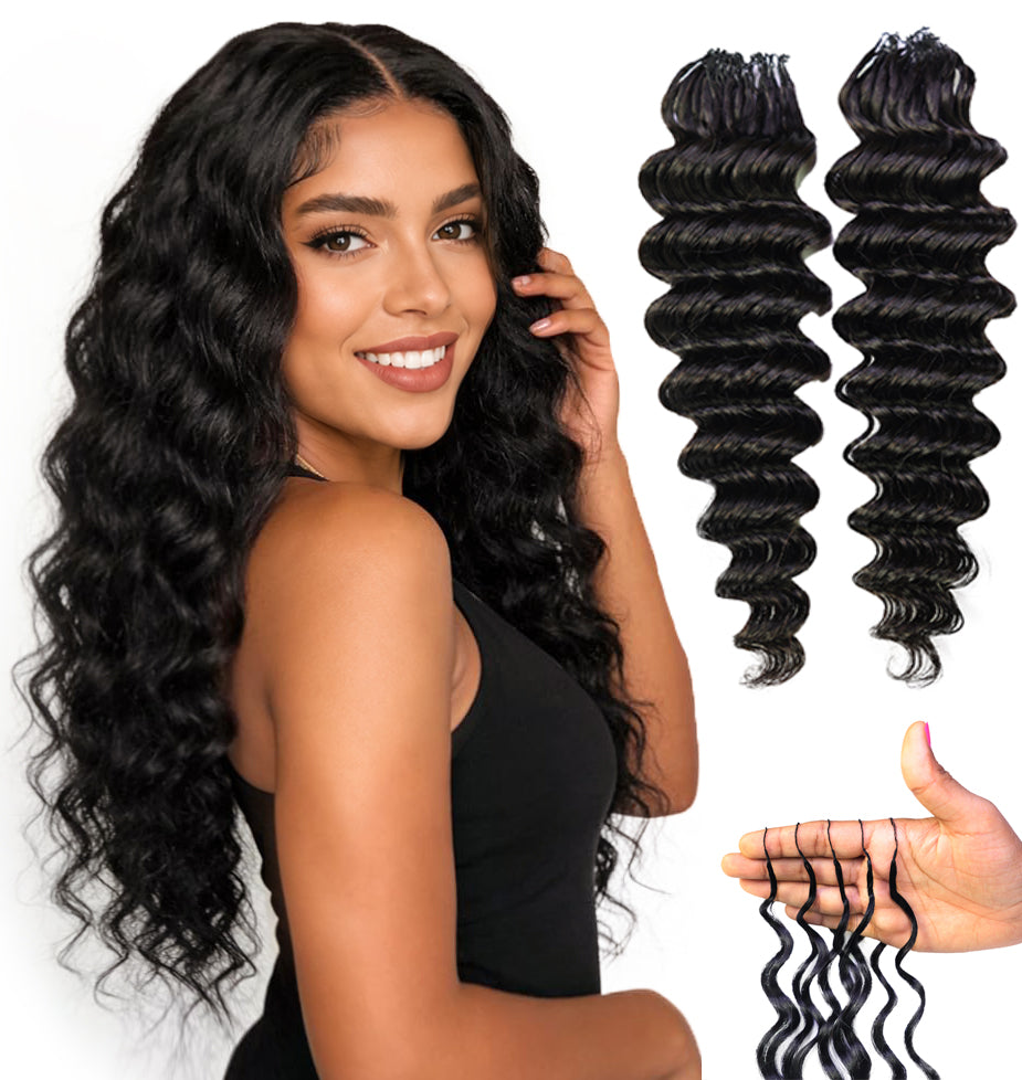 LUXLUXE Deep Wave Real Human Crochet Hair Extensions - Natural & Natural Black 18 & 16 & 14 Inch 50g Knotless Pre Separated Feather Wavy Hairpiece for Women