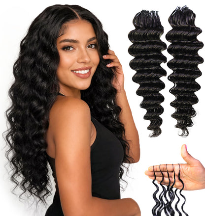 LUXLUXE Deep Wave Real Human Crochet Hair Extensions - Natural & Natural Black 18 & 16 & 14 Inch 50g Knotless Pre Separated Feather Wavy Hairpiece for Women