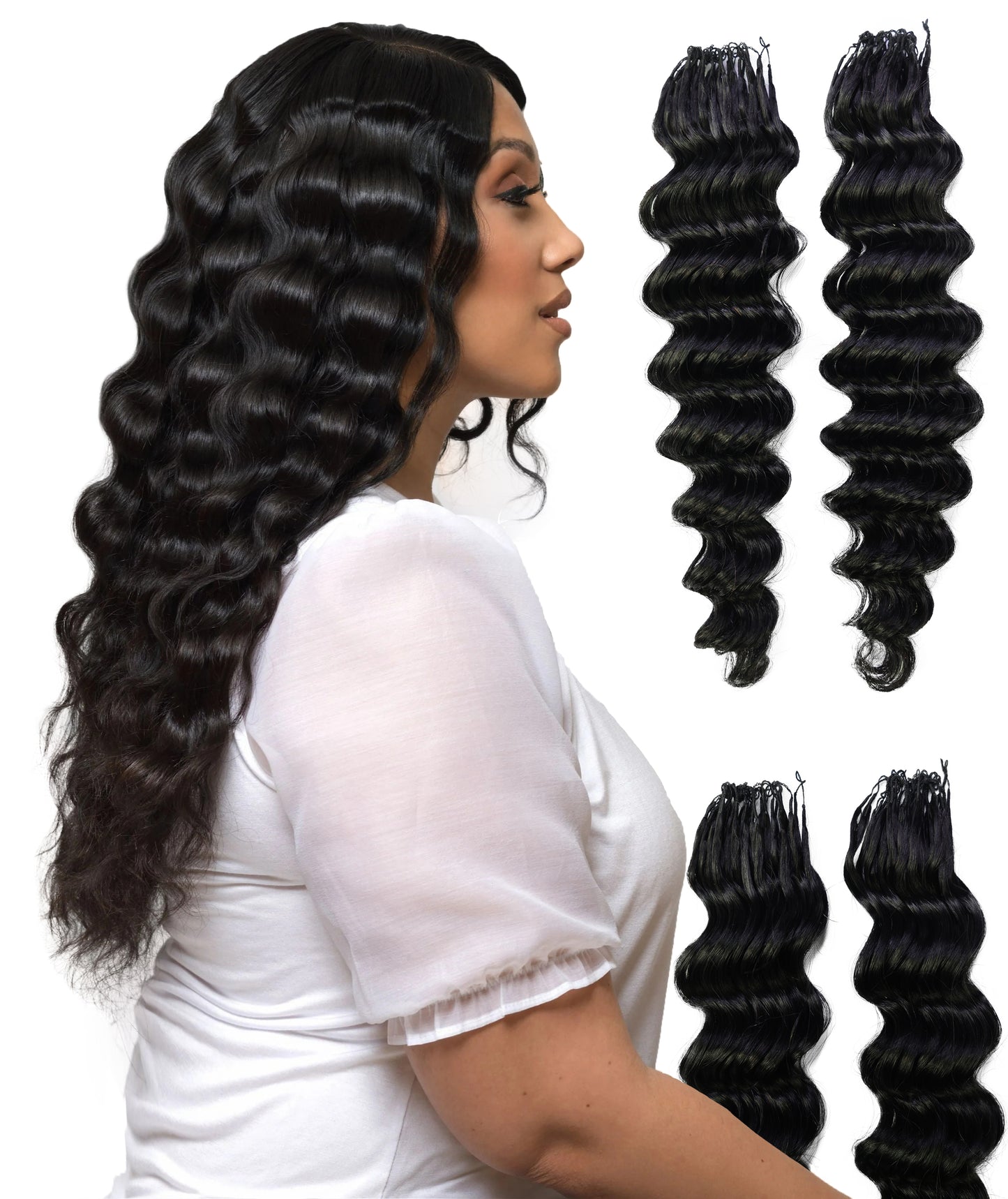 LUXLUXE Deep Wave Real Human Crochet Hair Extensions - Natural & Natural Black 18 & 16 & 14 Inch 50g Knotless Pre Separated Feather Wavy Hairpiece for Women