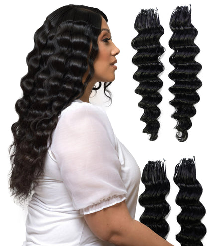 LUXLUXE Deep Wave Real Human Crochet Hair Extensions - Natural & Natural Black 18 & 16 & 14 Inch 50g Knotless Pre Separated Feather Wavy Hairpiece for Women