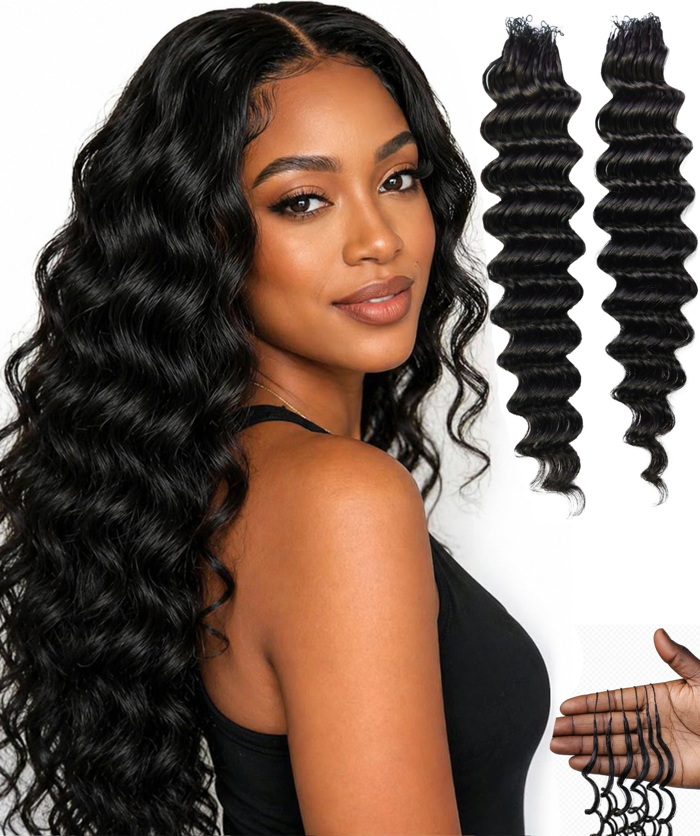 LUXLUXE Deep Wave Real Human Crochet Hair Extensions - Natural & Natural Black 18 & 16 & 14 Inch 50g Knotless Pre Separated Feather Wavy Hairpiece for Women