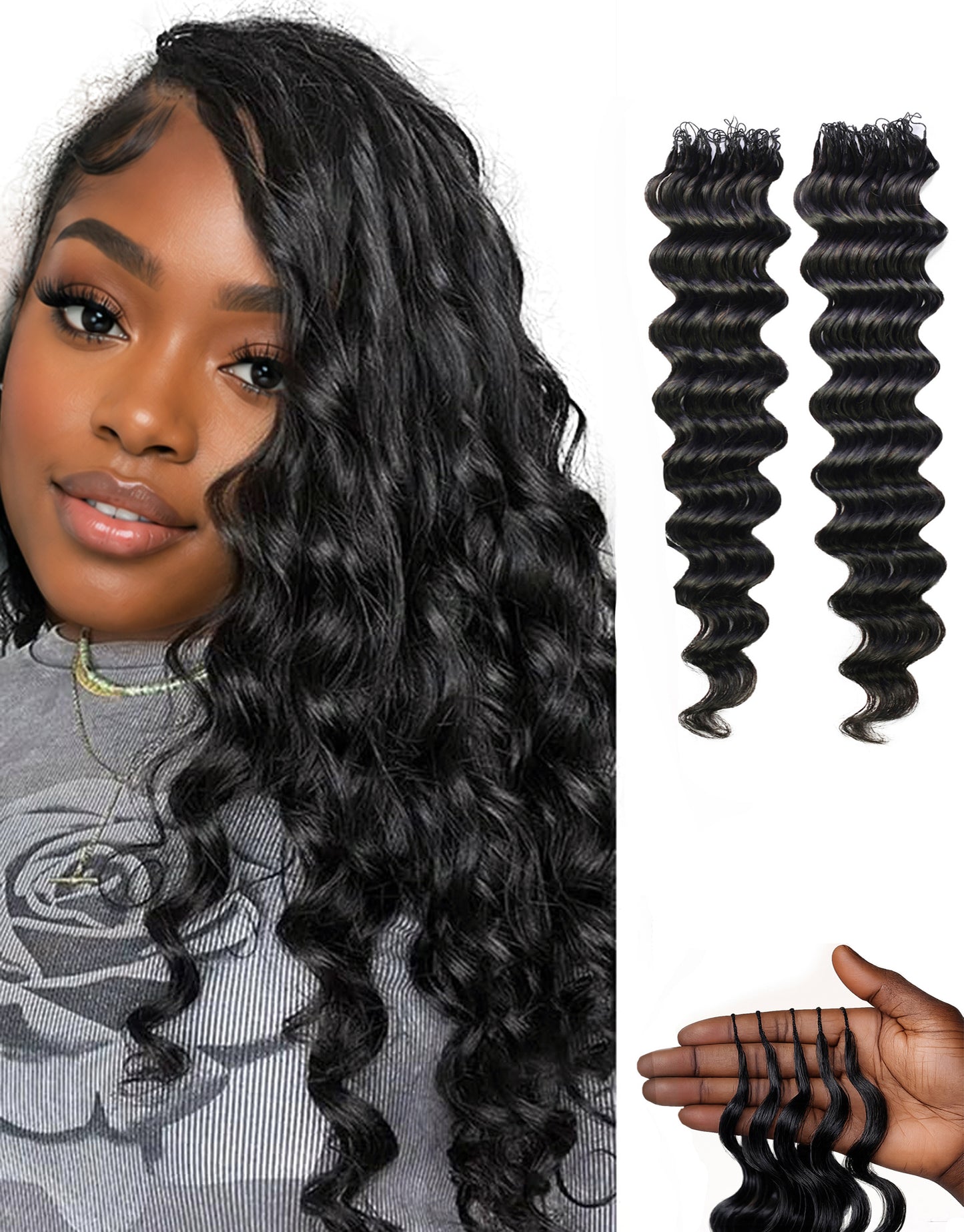 LUXLUXE Loose Deep Real Human Crochet Hair Extensions 40 Strands - Natural & Natural Black 18 & 16 & 14 Inch 50g Knotless Pre Separated Feather Line Lightweight Texture Wavy Hairpiece for Women