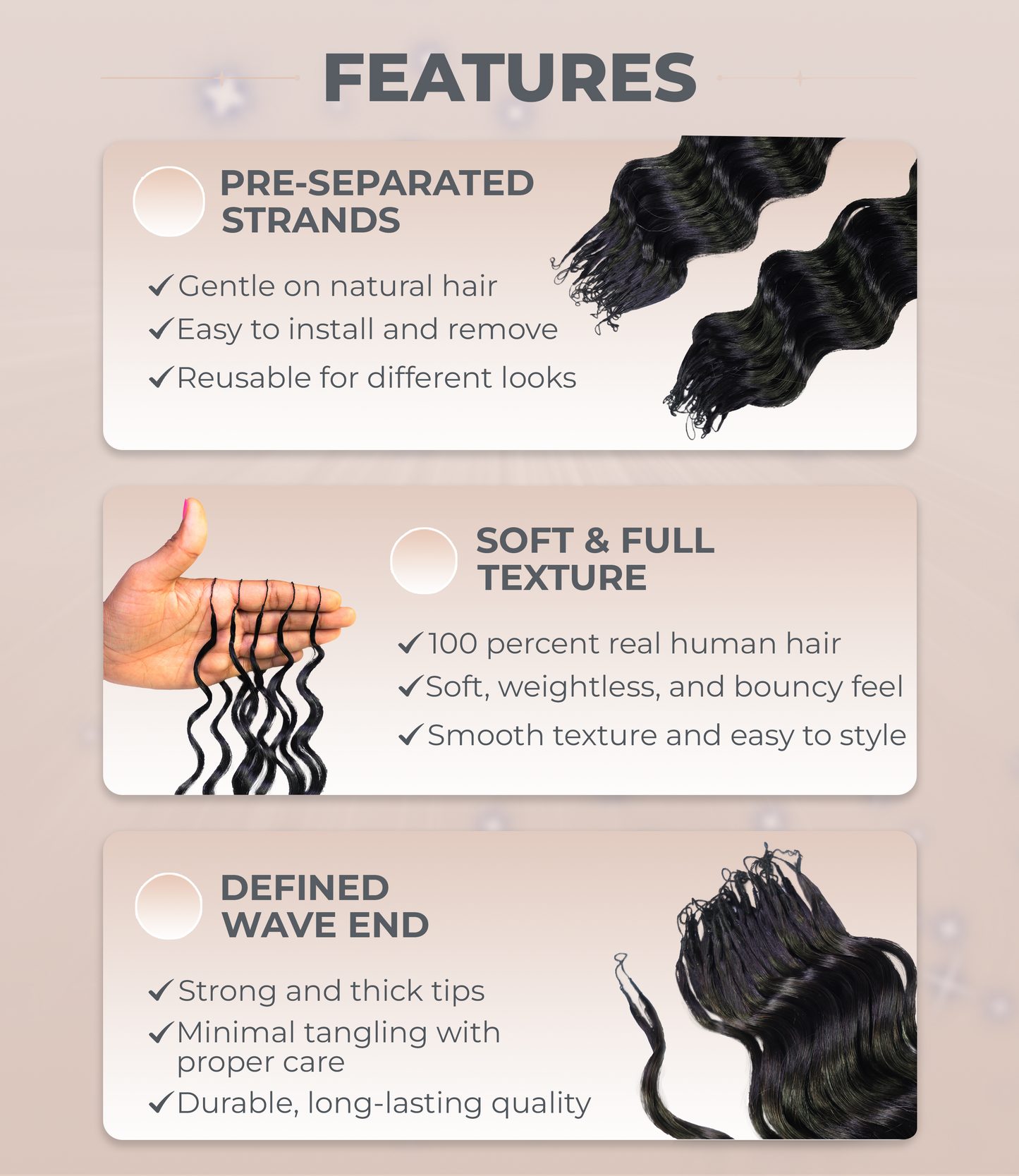 LUXLUXE Loose Deep Real Human Crochet Hair Extensions 40 Strands - Natural & Natural Black 18 & 16 & 14 Inch 50g Knotless Pre Separated Feather Line Lightweight Texture Wavy Hairpiece for Women