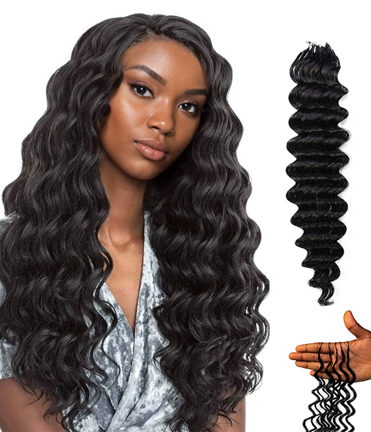 LUXLUXE Loose Deep Real Human Crochet Hair Extensions 40 Strands - Natural & Natural Black 18 & 16 & 14 Inch 50g Knotless Pre Separated Feather Line Lightweight Texture Wavy Hairpiece for Women