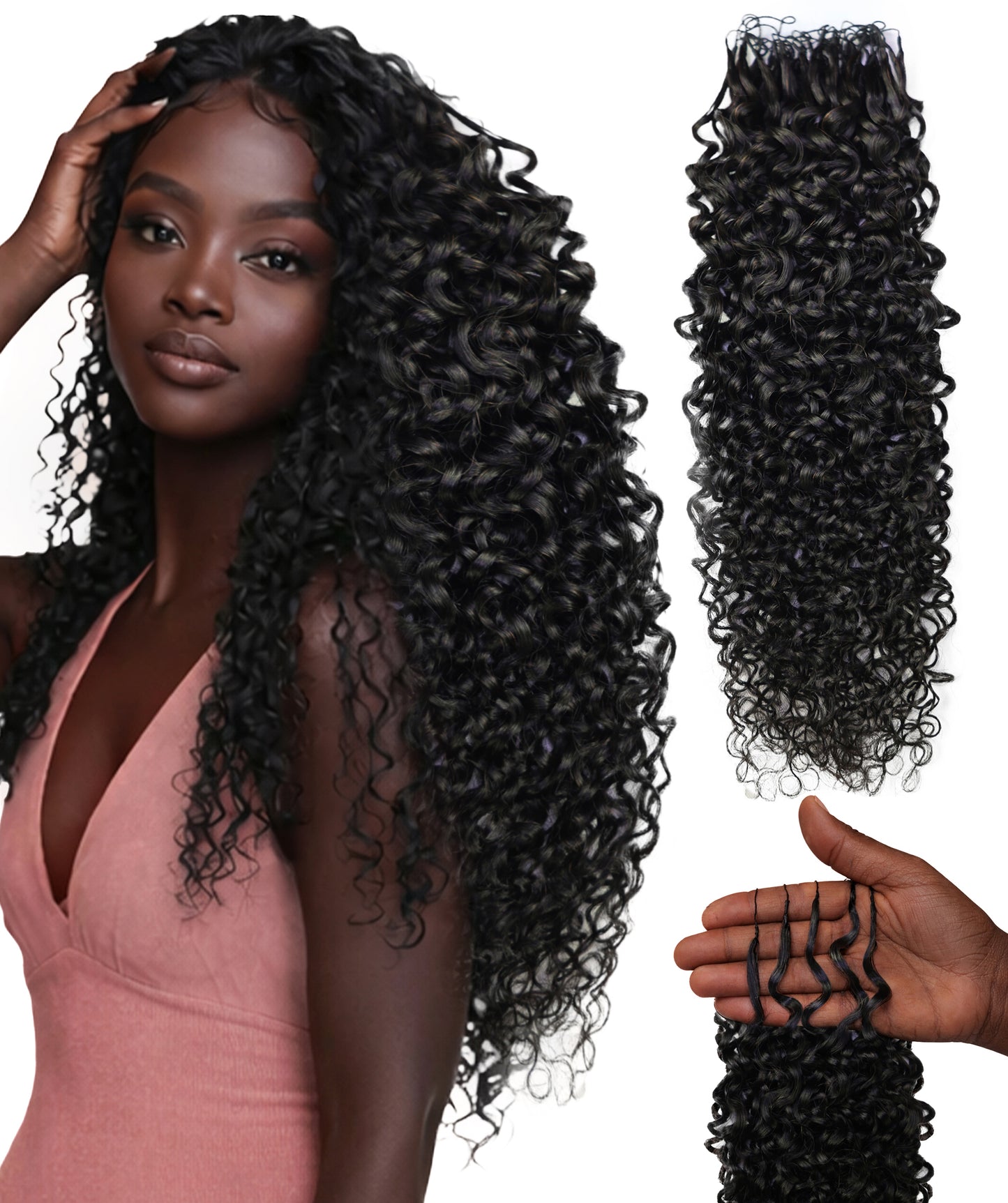 LUXLUXE Burmese Bohemian Real Human Crochet Curly Hair Extensions 40 Strands - Natural  & Natural Black 18 & 16 &14  Inch 50g Knotless Pre Separated Feather Line Lightweight Texture Curls Hairpiece for Women