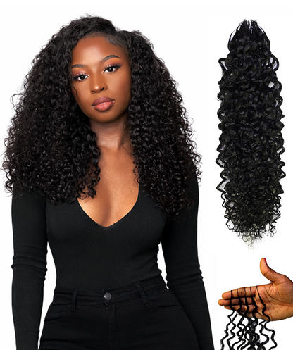 LUXLUXE Burmese Bohemian Real Human Crochet Curly Hair Extensions 40 Strands - Natural  & Natural Black 18 & 16 &14  Inch 50g Knotless Pre Separated Feather Line Lightweight Texture Curls Hairpiece for Women