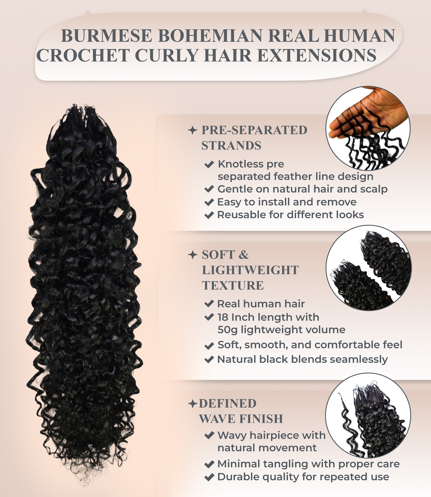 LUXLUXE Burmese Bohemian Real Human Crochet Curly Hair Extensions 40 Strands - Natural  & Natural Black 18 & 16 &14  Inch 50g Knotless Pre Separated Feather Line Lightweight Texture Curls Hairpiece for Women