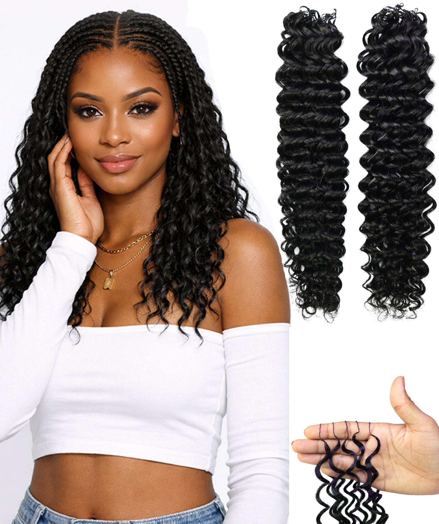 LUXLUXE Water Wave Braids Pre Looped Long Human Hair Extensions 40 Strands - Natural & Natural Black 14,16 & 18 Inch with weights 40g 45g & 50g Deep Curly Feather Braiding Hairpiece