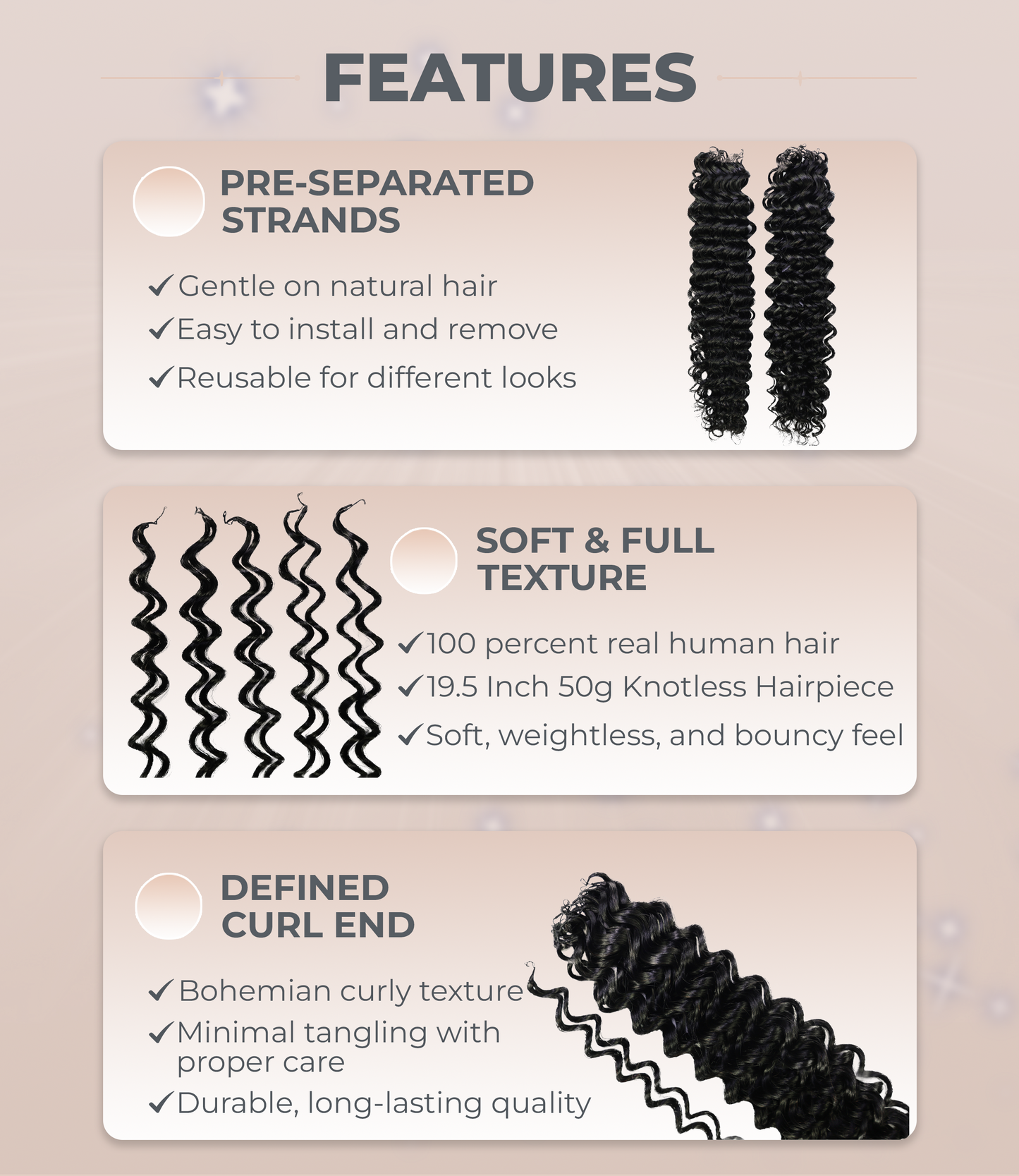 LUXLUXE Water Wave Braids Pre Looped Long Human Hair Extensions 40 Strands - Natural & Natural Black 14,16 & 18 Inch with weights 40g 45g & 50g Deep Curly Feather Braiding Hairpiece