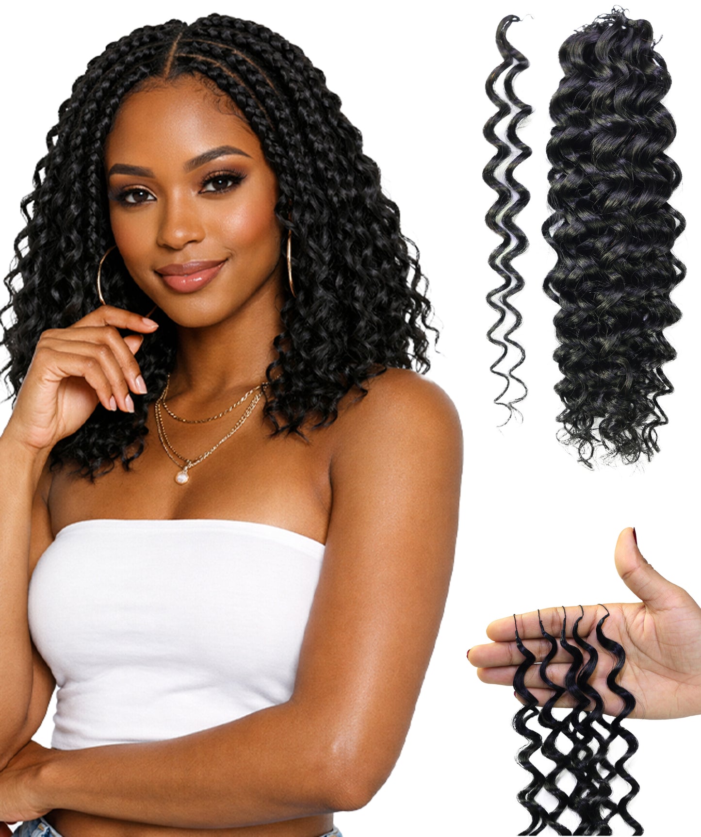 LUXLUXE Water Wave Braids Pre Looped Long Human Hair Extensions 40 Strands - Natural & Natural Black 14,16 & 18 Inch with weights 40g 45g & 50g Deep Curly Feather Braiding Hairpiece