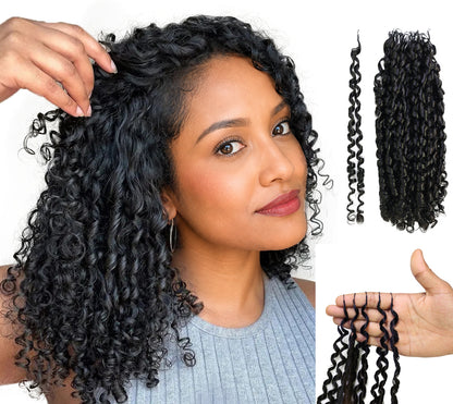 LUXLUXE Knotless Pixie Curly Raw Crochet Natural Human Hair Extensions - 14" 40g 16" 45g & 18" 50g Pre Separated 40 Strands Feather Hairpiece for Women