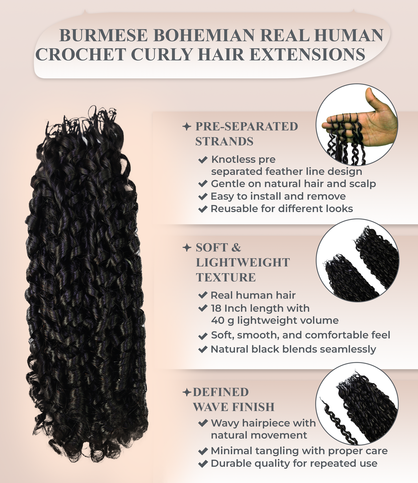 LUXLUXE Knotless Pixie Curly Raw Crochet Natural Human Hair Extensions - 14" 40g 16" 45g & 18" 50g Pre Separated 40 Strands Feather Hairpiece for Women