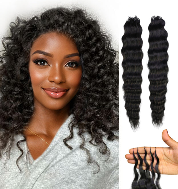 LUXLUXE Knotless Wet & Wavy Crochet Human Hair Extensions - Natural Black 14" 40g 16" 45g & 18" 50g Pre Separated 40 Strands Feather Hairpiece With String In The Middle Braid