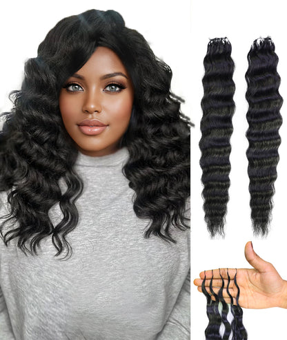 LUXLUXE Knotless Wet & Wavy Crochet Human Hair Extensions - Natural Black 14" 40g 16" 45g & 18" 50g Pre Separated 40 Strands Feather Hairpiece With String In The Middle Braid
