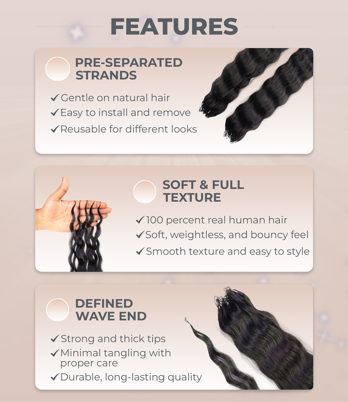 LUXLUXE Knotless Wet & Wavy Crochet Human Hair Extensions - Natural Black 14" 40g 16" 45g & 18" 50g Pre Separated 40 Strands Feather Hairpiece With String In The Middle Braid