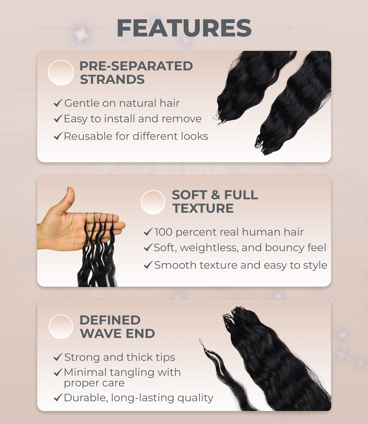 LUXLUXE Knotless Wet & Wavy Crochet Human Hair Extensions - Natural Black 14" 40g 16" 45g & 18" 50g Pre Separated 40 Strands Feather Hairpiece With String In The Middle Braid