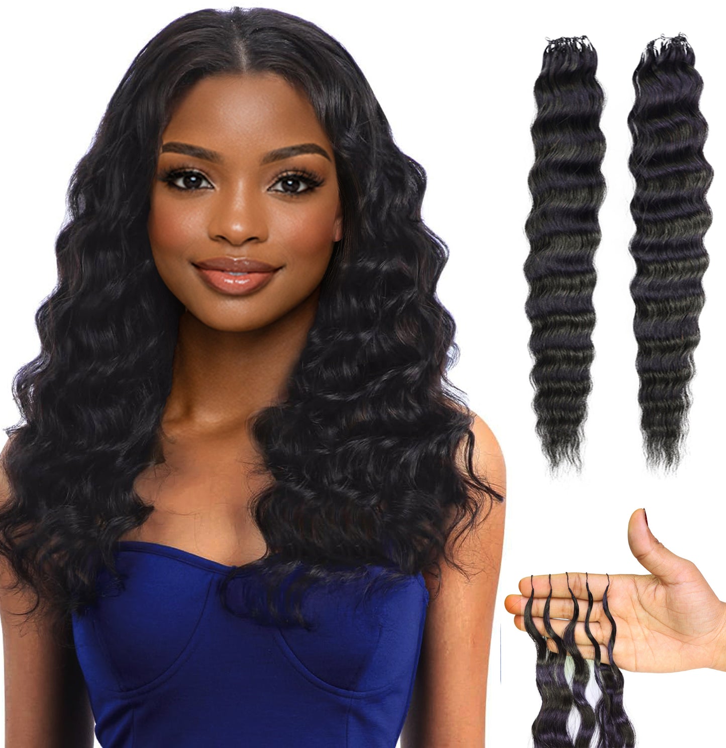 LUXLUXE Knotless Wet & Wavy Crochet Human Hair Extensions - Natural Black 14" 40g 16" 45g & 18" 50g Pre Separated 40 Strands Feather Hairpiece With String In The Middle Braid