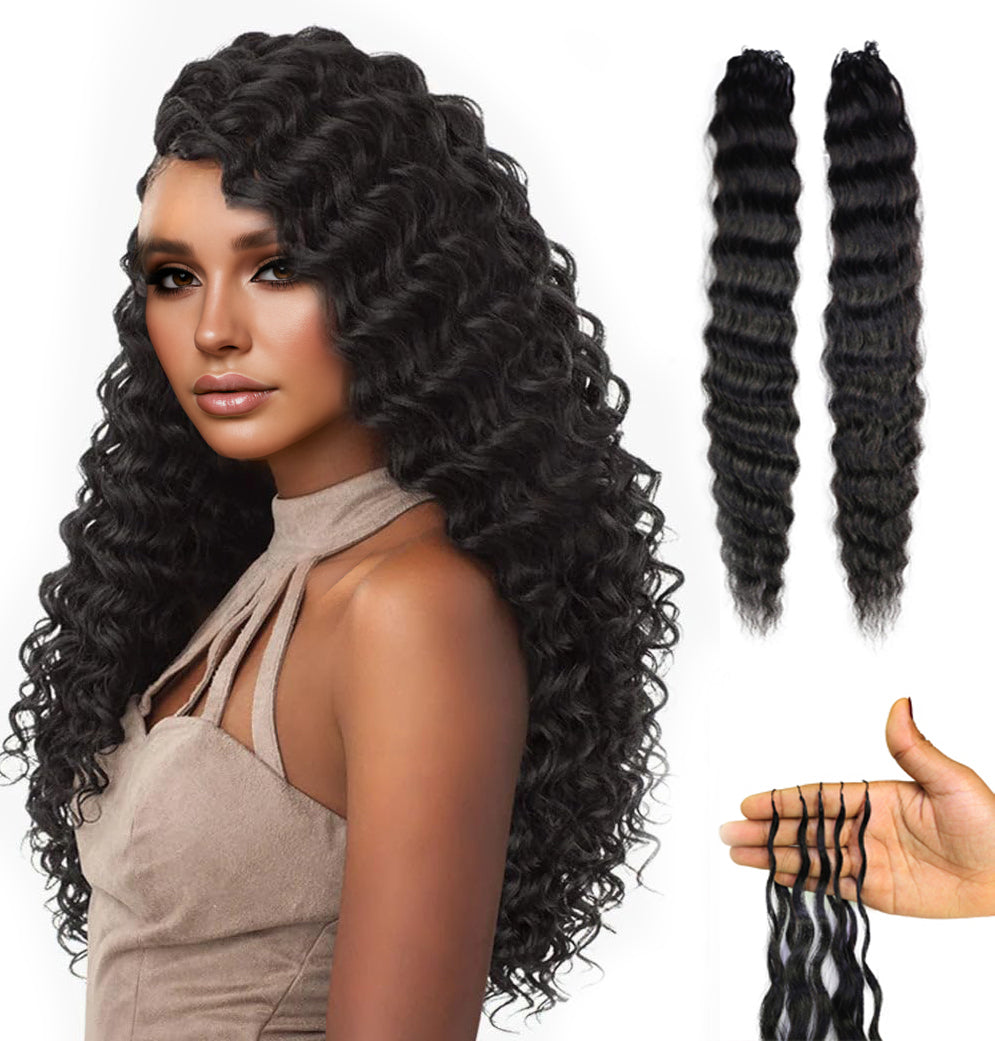 LUXLUXE Knotless Wet & Wavy Crochet Human Hair Extensions - Natural Black 14" 40g 16" 45g & 18" 50g Pre Separated 40 Strands Feather Hairpiece With String In The Middle Braid