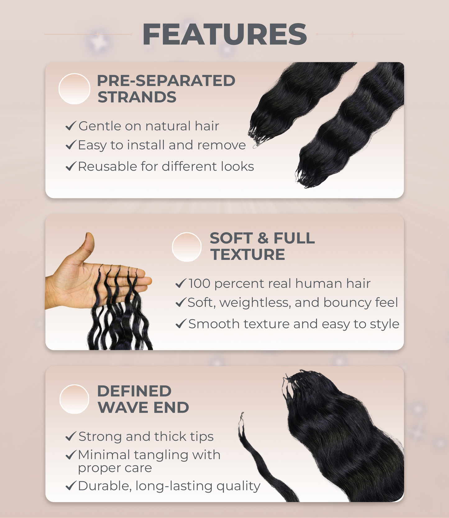 LUXLUXE Knotless Wet & Wavy Crochet Human Hair Extensions - Natural Black 14" 40g 16" 45g & 18" 50g Pre Separated 40 Strands Feather Hairpiece With String In The Middle Braid