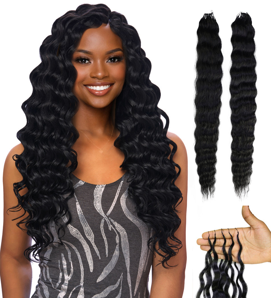 LUXLUXE Knotless Wet & Wavy Crochet Human Hair Extensions - Natural Black 14" 40g 16" 45g & 18" 50g Pre Separated 40 Strands Feather Hairpiece With String In The Middle Braid