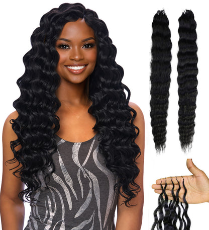 LUXLUXE Knotless Wet & Wavy Crochet Human Hair Extensions - Natural Black 14" 40g 16" 45g & 18" 50g Pre Separated 40 Strands Feather Hairpiece With String In The Middle Braid