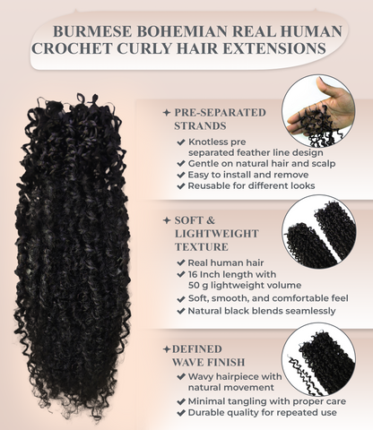 LUXLUXE Knotless Micro Yanky Curly Pre Looped Crochet Human Hair Extensions - Natural Black 14" 40g 16" 45g & 18" 50g Pre Separated 40 Strands Feather Protective Style