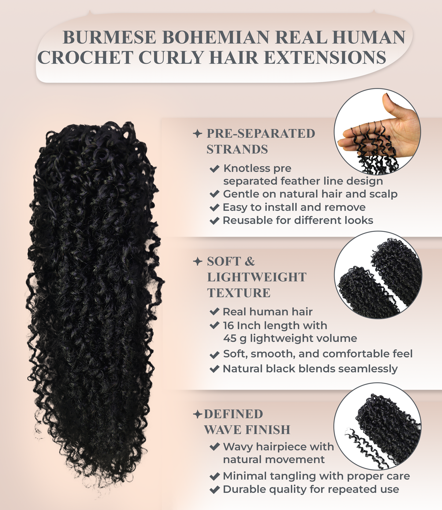 LUXLUXE Knotless Micro Yanky Curly Pre Looped Crochet Human Hair Extensions - Natural Black 14" 40g 16" 45g & 18" 50g Pre Separated 40 Strands Feather Protective Style