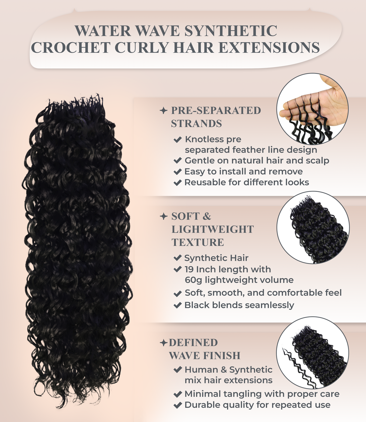 LUXLUXE Water Wave Feather Crochet Human &  Synthetic Mix Hair Extensions - 19 Inch Braiding 60g Hairpiece for Women