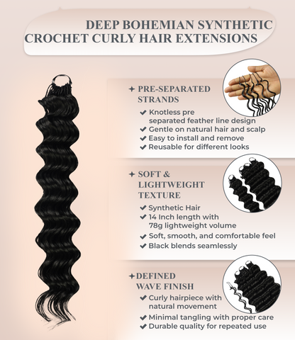LUXLUXE Deep Wave Synthetic Crochet Hair Extensions – Available in 14"  78g 18" 100g & 22" 120g Pre Separated 100 Strands Feather Hairpiece