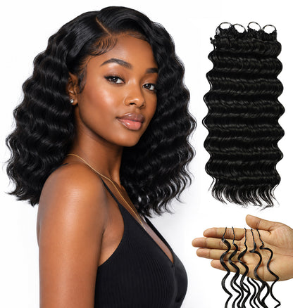 LUXLUXE Deep Wave Synthetic Crochet Hair Extensions – Available in 14"  78g 18" 100g & 22" 120g Pre Separated 100 Strands Feather Hairpiece