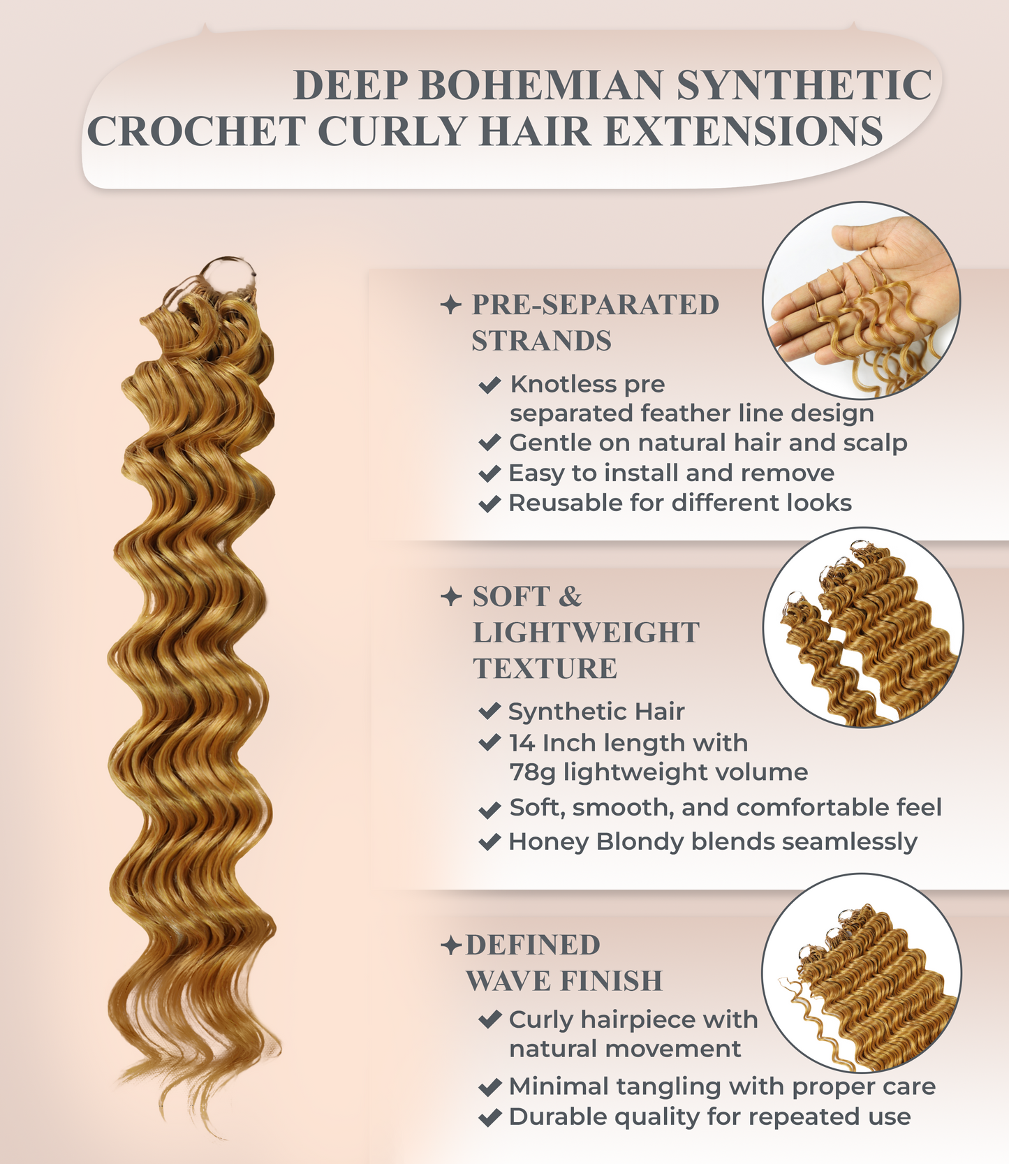 LUXLUXE Deep Wave Synthetic Crochet Hair Extensions – Available in 14"  78g 18" 100g & 22" 120g Pre Separated 100 Strands Feather Hairpiece