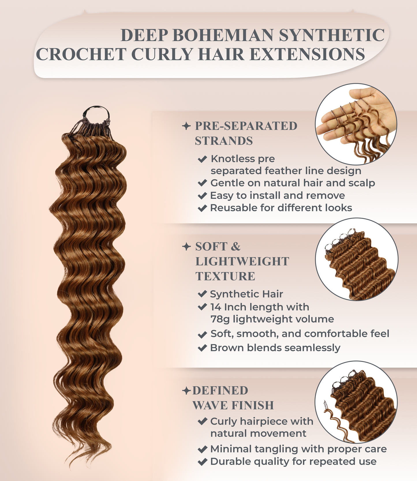 LUXLUXE Deep Wave Synthetic Crochet Hair Extensions – Available in 14"  78g 18" 100g & 22" 120g Pre Separated 100 Strands Feather Hairpiece