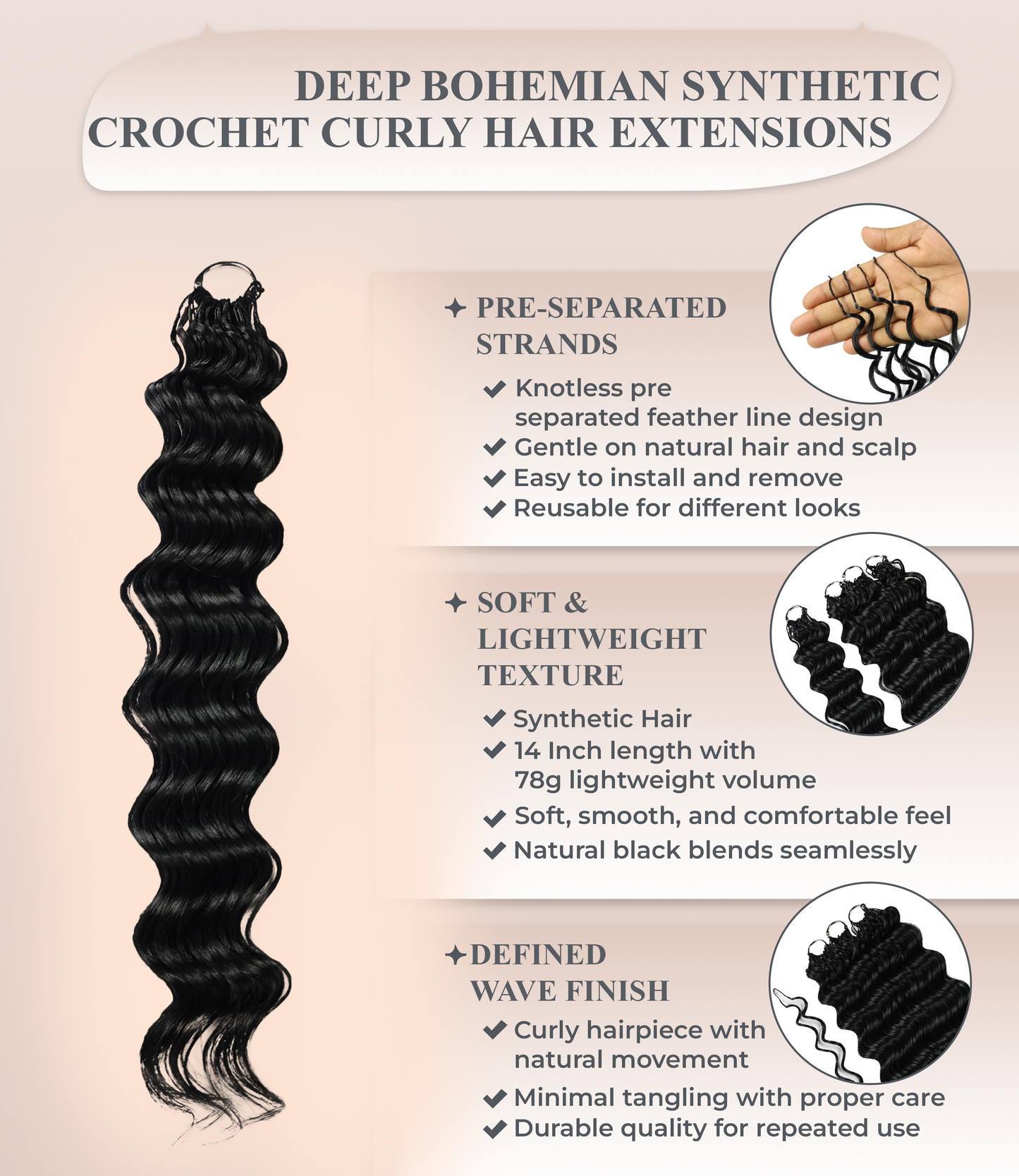 LUXLUXE Deep Wave Synthetic Crochet Hair Extensions – Available in 14"  78g 18" 100g & 22" 120g Pre Separated 100 Strands Feather Hairpiece