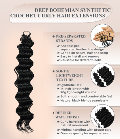LUXLUXE Deep Wave Synthetic Crochet Hair Extensions – Available in 14"  78g 18" 100g & 22" 120g Pre Separated 100 Strands Feather Hairpiece