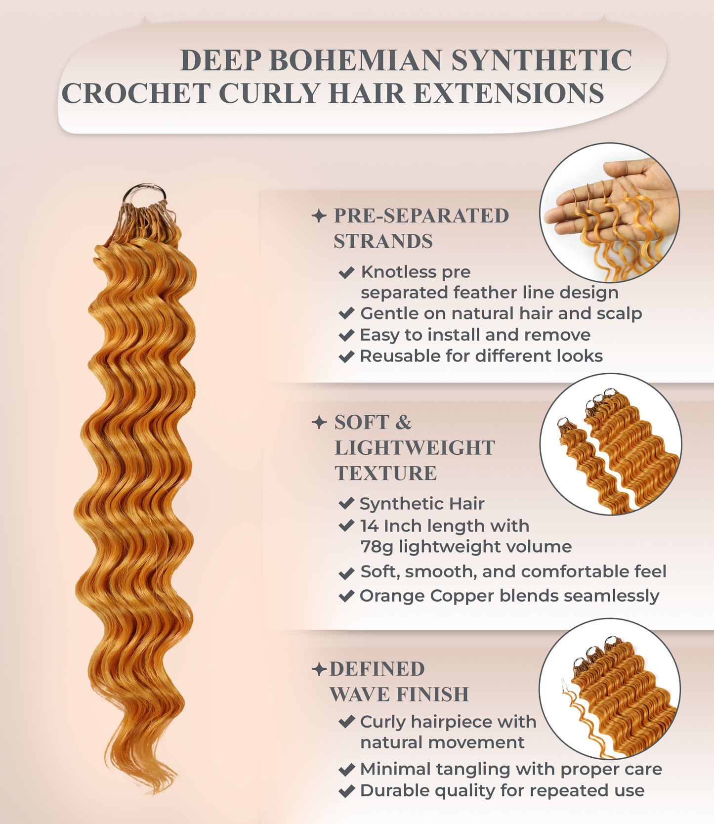 LUXLUXE Deep Wave Synthetic Crochet Hair Extensions – Available in 14"  78g 18" 100g & 22" 120g Pre Separated 100 Strands Feather Hairpiece