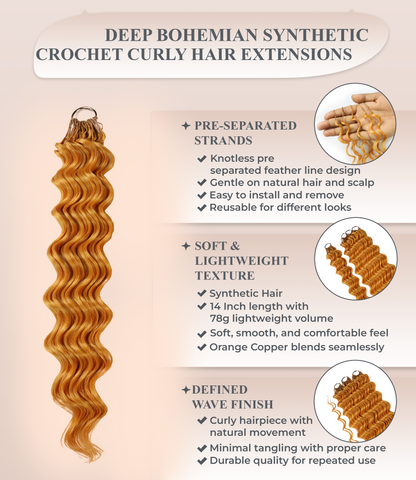 LUXLUXE Deep Wave Synthetic Crochet Hair Extensions – Available in 14"  78g 18" 100g & 22" 120g Pre Separated 100 Strands Feather Hairpiece