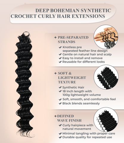 LUXLUXE Deep Wave Synthetic Crochet Hair Extensions – Available in 14"  78g 18" 100g & 22" 120g Pre Separated 100 Strands Feather Hairpiece