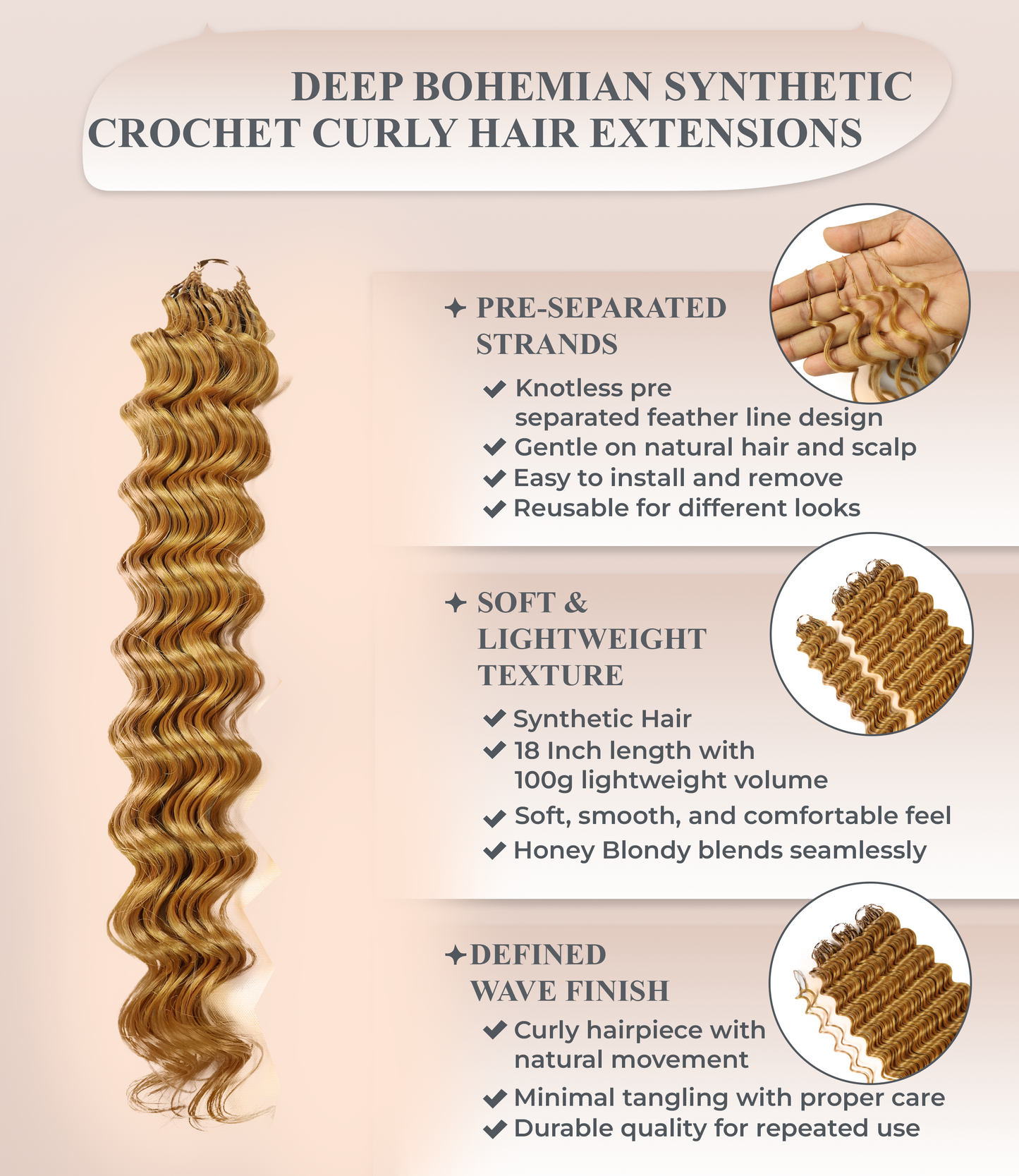 LUXLUXE Deep Wave Synthetic Crochet Hair Extensions – Available in 14"  78g 18" 100g & 22" 120g Pre Separated 100 Strands Feather Hairpiece