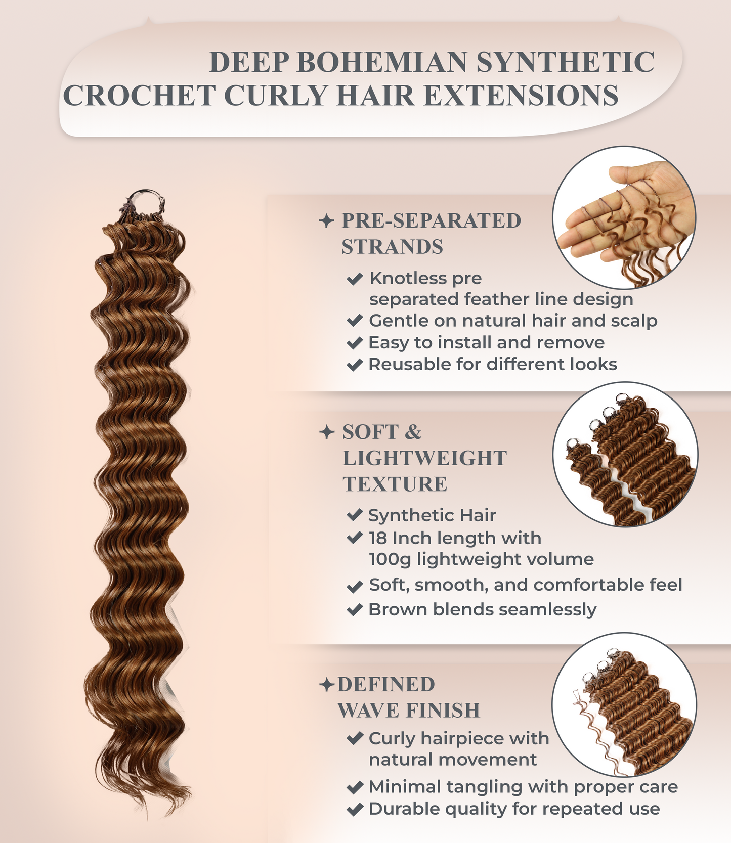 LUXLUXE Deep Wave Synthetic Crochet Hair Extensions – Available in 14"  78g 18" 100g & 22" 120g Pre Separated 100 Strands Feather Hairpiece