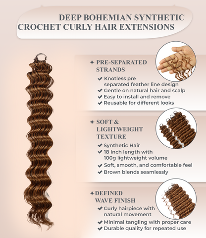 LUXLUXE Deep Wave Synthetic Crochet Hair Extensions – Available in 14"  78g 18" 100g & 22" 120g Pre Separated 100 Strands Feather Hairpiece