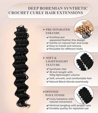 LUXLUXE Deep Wave Synthetic Crochet Hair Extensions – Available in 14"  78g 18" 100g & 22" 120g Pre Separated 100 Strands Feather Hairpiece