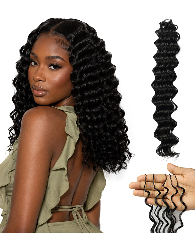 LUXLUXE Deep Wave Synthetic Crochet Hair Extensions – Available in 14"  78g 18" 100g & 22" 120g Pre Separated 100 Strands Feather Hairpiece