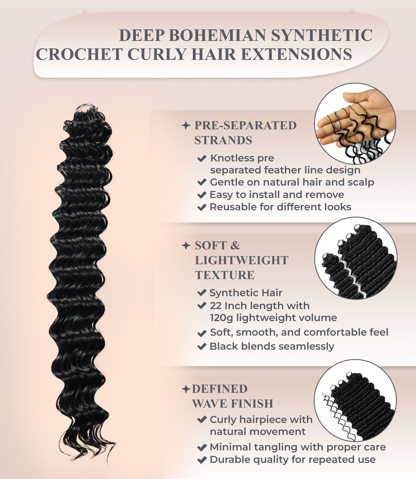 LUXLUXE Deep Wave Synthetic Crochet Hair Extensions – Available in 14"  78g 18" 100g & 22" 120g Pre Separated 100 Strands Feather Hairpiece