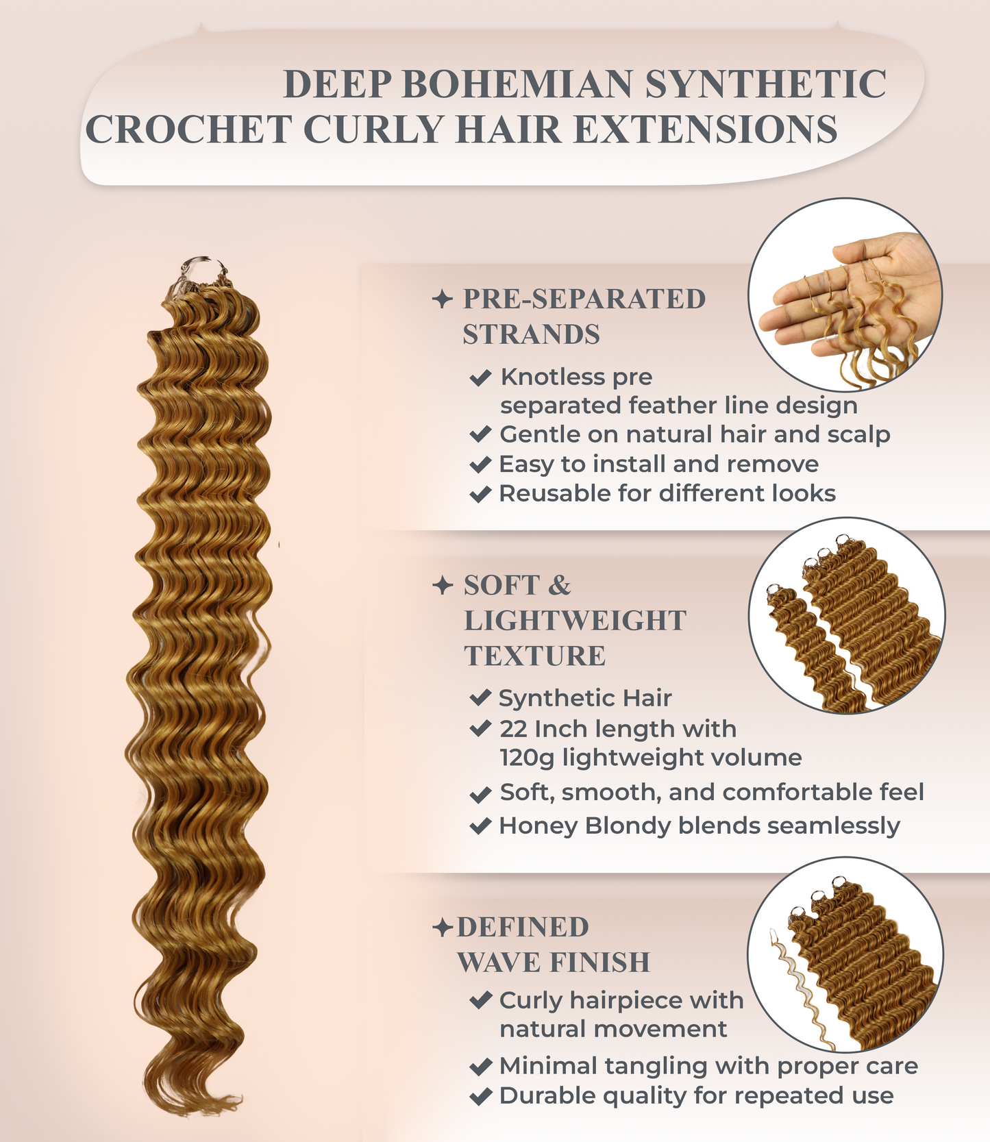 LUXLUXE Deep Wave Synthetic Crochet Hair Extensions – Available in 14"  78g 18" 100g & 22" 120g Pre Separated 100 Strands Feather Hairpiece