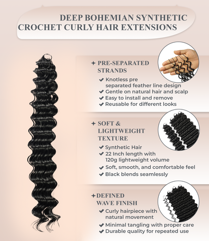 LUXLUXE Deep Wave Synthetic Crochet Hair Extensions – Available in 14"  78g 18" 100g & 22" 120g Pre Separated 100 Strands Feather Hairpiece
