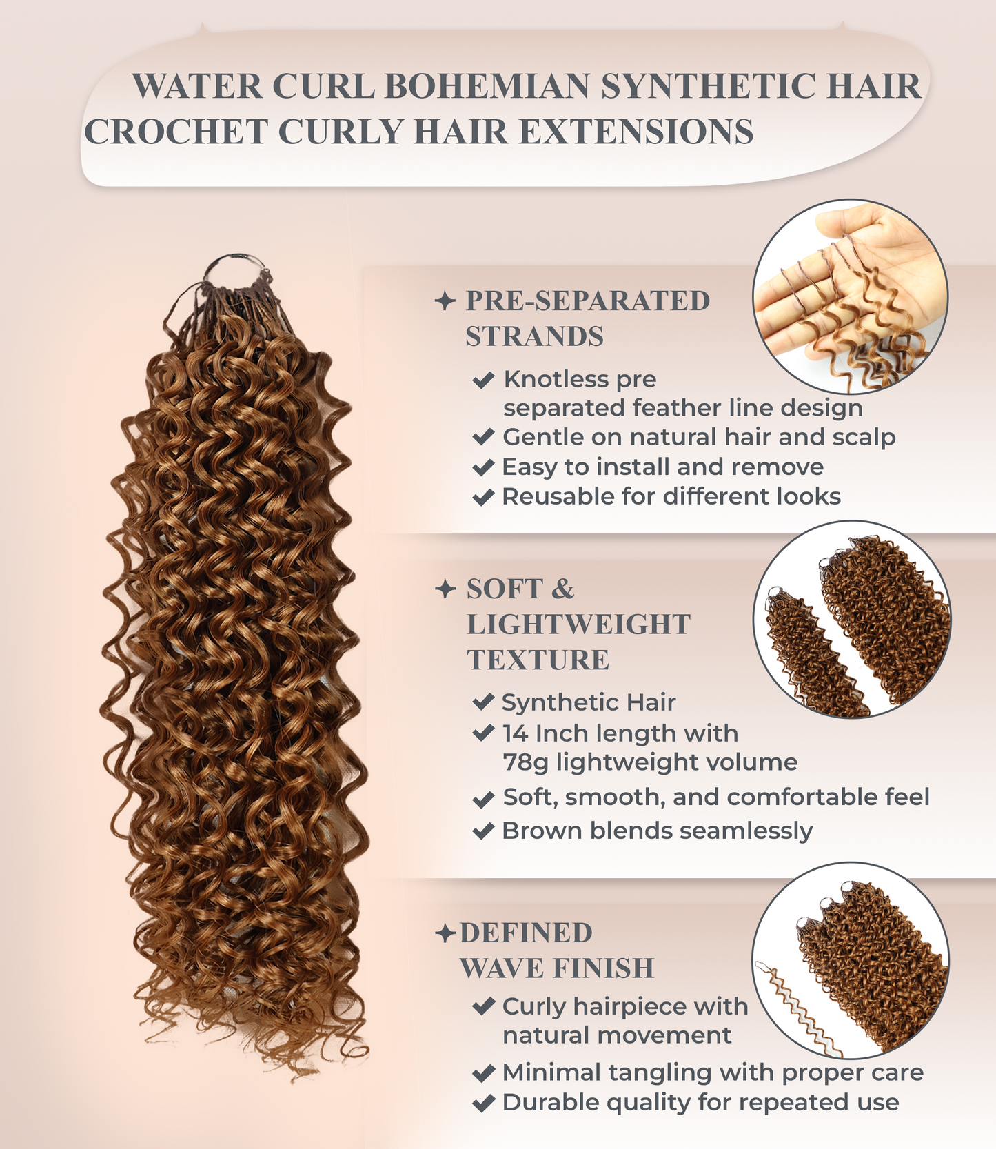 LUXLUXE Water Curl Synthetic Crochet Hair Extensions – Available in 14"  78g 18" 100g & 22" 120g Pre Separated 100 Strands Feather Hairpiece for Natural Bouncy Curls